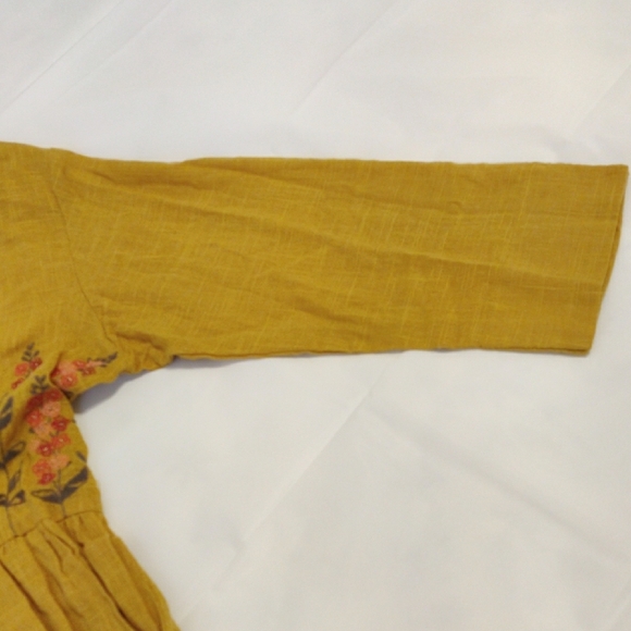 Bombay Paisley. Mustard Color 3/4 Sleeve Dress With Floral Embroidery - Picture 3 of 11